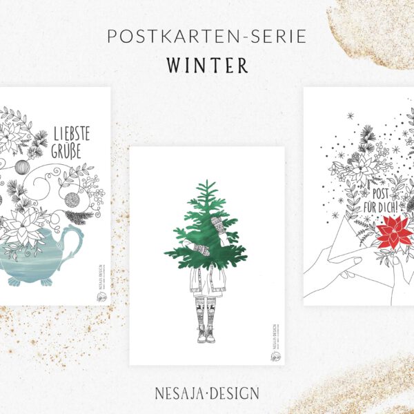 Postkarte Winter Tannenbaum Teekanne Weihnachtsstern illustration Comic Zeichnung